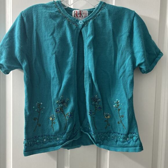 Y2K Vintage Women’s Size Small Blue Cardigan Sweater Sequins Embroidered Cottage - Picture 5 of 9